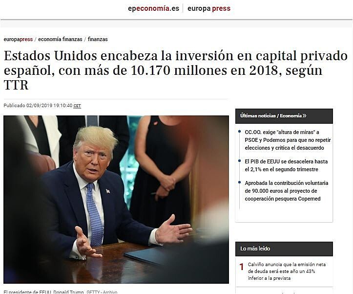 Estados Unidos encabeza la inversin en capital privado espaol, con ms de 10.170 millones en 2018, segn TTR